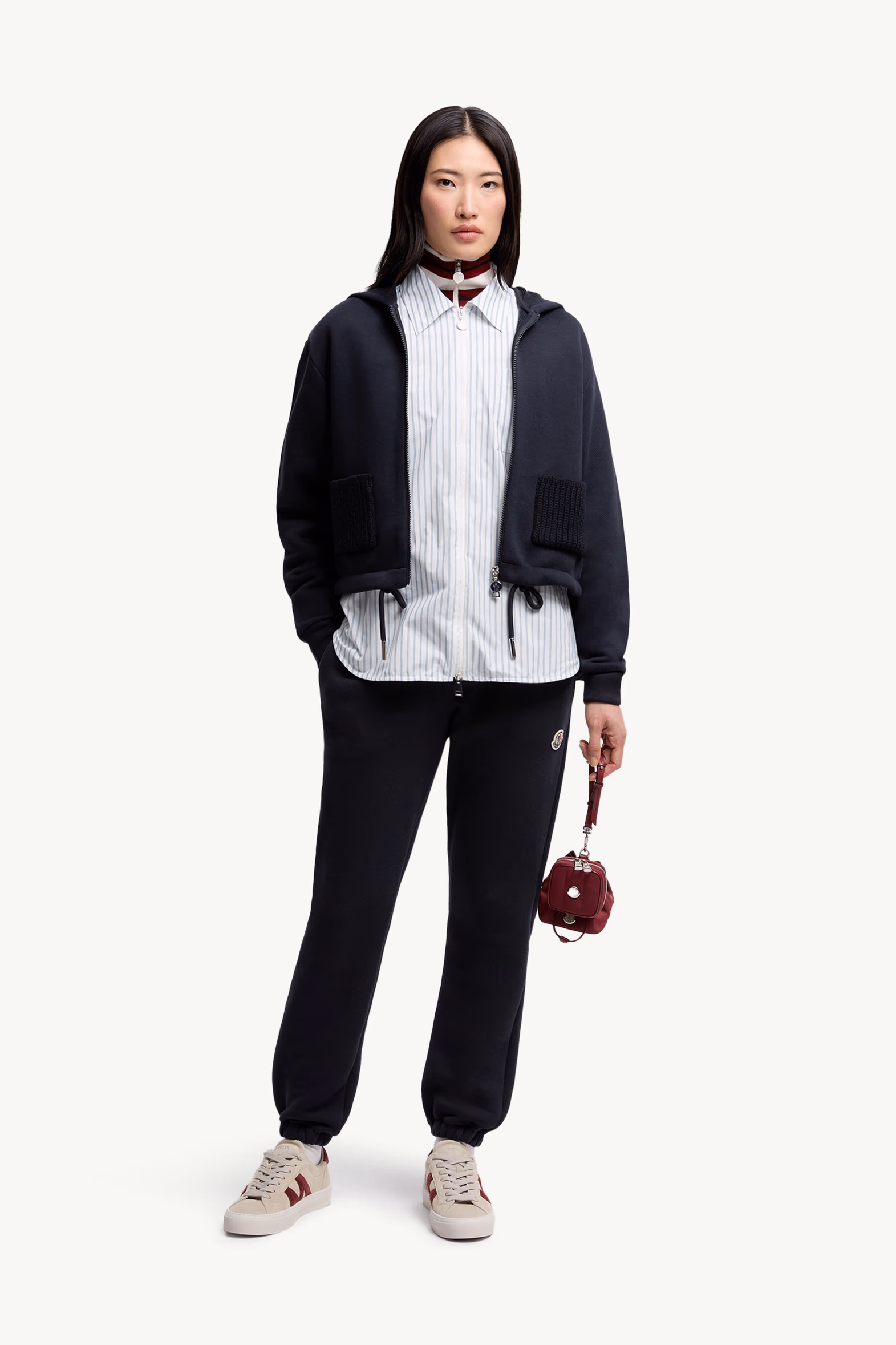 Sweat à capuche zippé en coton avec détails en maille Femmes Bleu marine Moncler 0